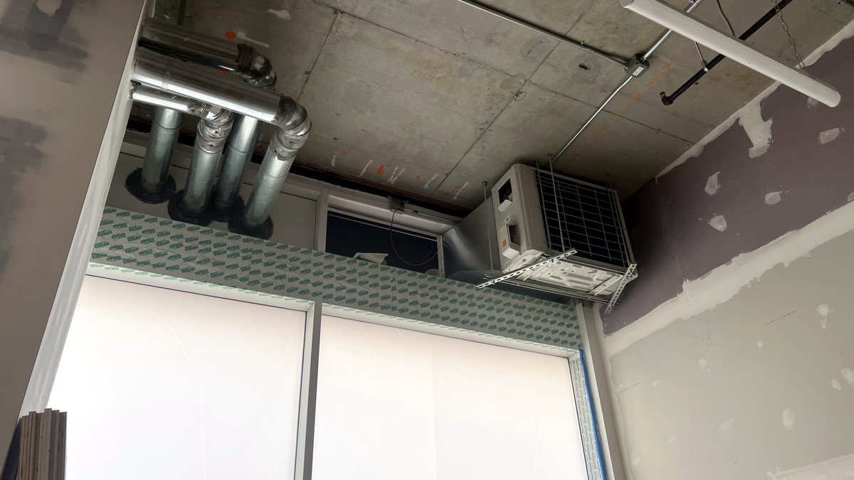 Indoor HVAC unit and ductwork during installation