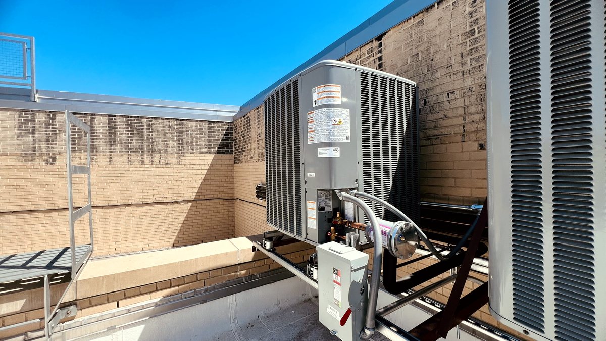 Rooftop HVAC equipment on a commercial building